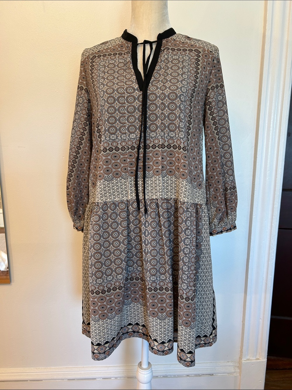 Boho Tie-Neck Long Sleeve Dress in Beige and Black